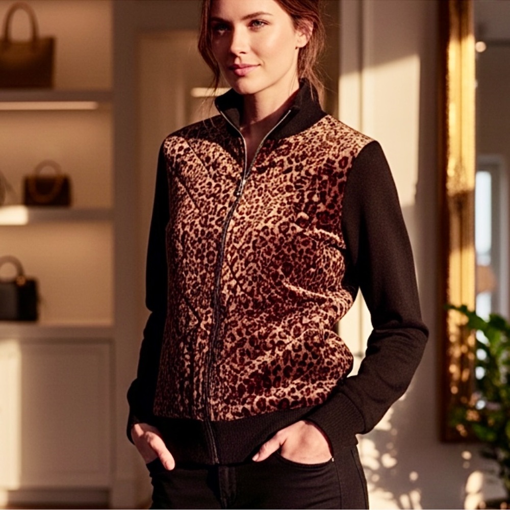 Oversized Lauren Ralph Lauren ~ Animal Print Wool Blend Full Zip Sweater